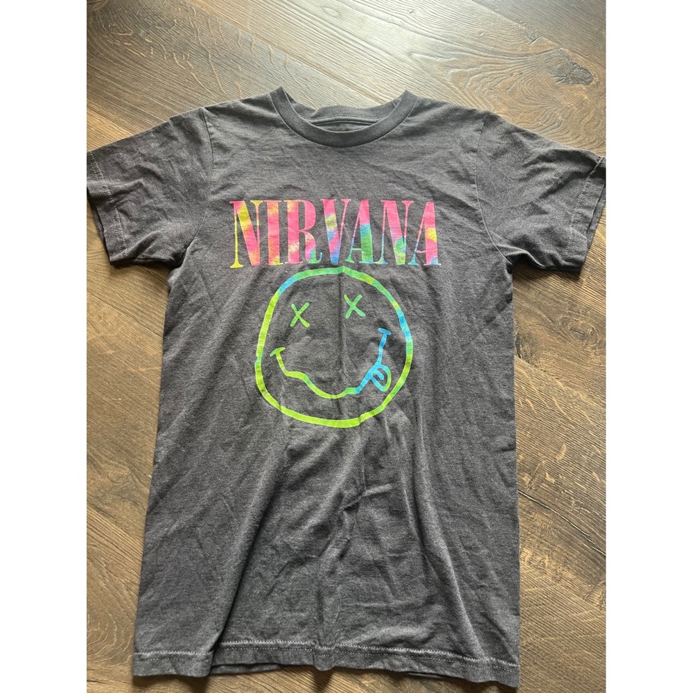 Nirvana Smiley Face Graphic T-Shirt Charcoal Gray Rainbow‎ Tie Dye Neon Small